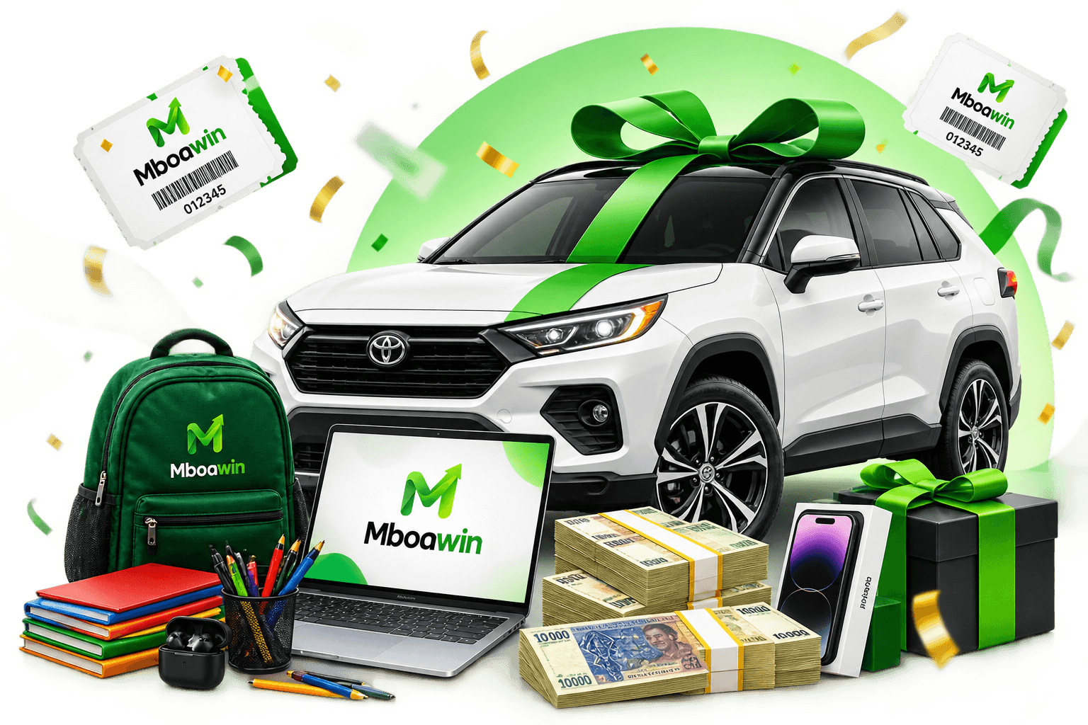 Mboawin prizes — car, cash, laptop, school kit